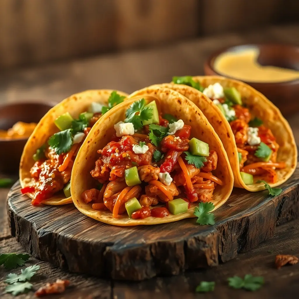 Three Chicken Tinga Tacos filled with smoky, shredded chicken, topped with creamy avocado salsa, cotija cheese, and fresh cilantro, served on a rustic wooden table with lime wedges on the side.