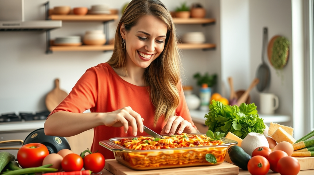 a smiling American woman in her early 30s with light brown hair tied back, preparing a Veggie-Packed Lasagna Breakfast Casserole in a bright, modern kitchen