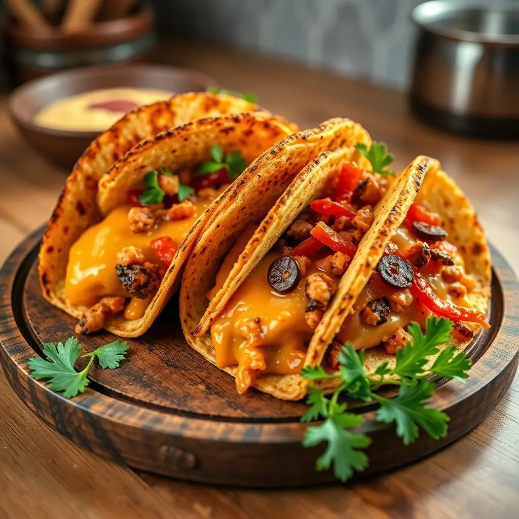 A close-up of Grilled Cheese Burrito Tacos featuring crispy taco shells filled with refried beans, diced avocado, tomato, and onion, topped with melted cheddar and Monterey Jack cheese, and lightly seasoned with chili powder, salt, and pepper.