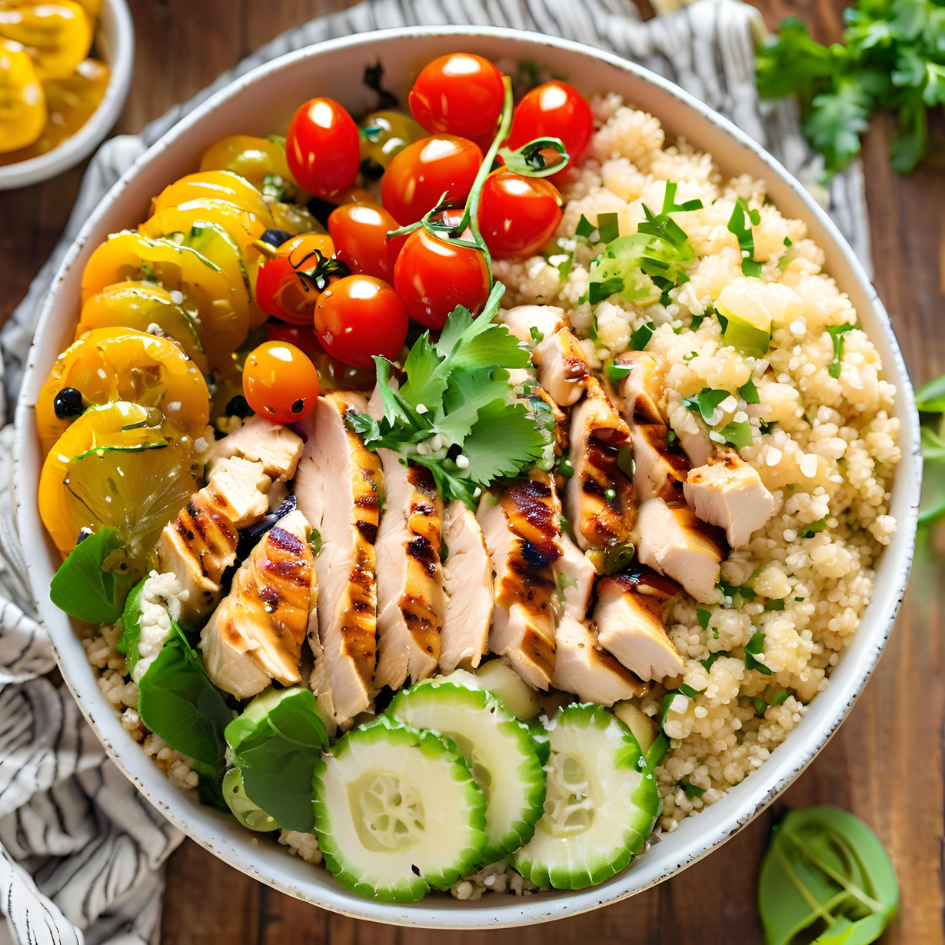 A vibrant Mediterranean Grilled Chicken Bowl featuring juicy grilled chicken slices, fluffy quinoa, fresh cucumber, cherry tomatoes, red onion, Kalamata olives, crumbled feta cheese, and a drizzle of creamy tzatziki sauce, garnished with parsley and a lemon wedge, served in a ceramic bowl on a rustic wooden table.