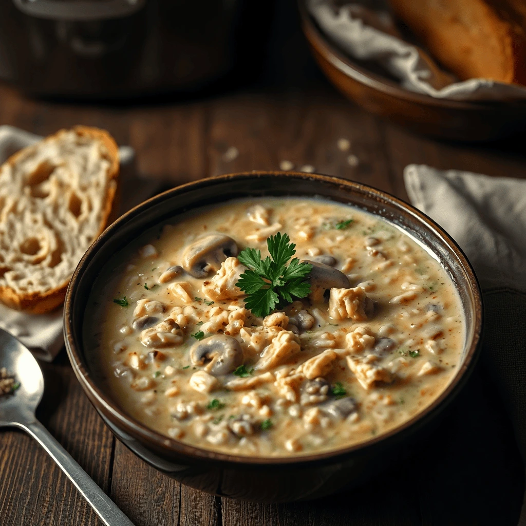 A steaming bowl of Creamy Mushroom Chicken & Wild Rice Soup, garnished with fresh parsley and served with a slice of crusty bread on a rustic wooden table.