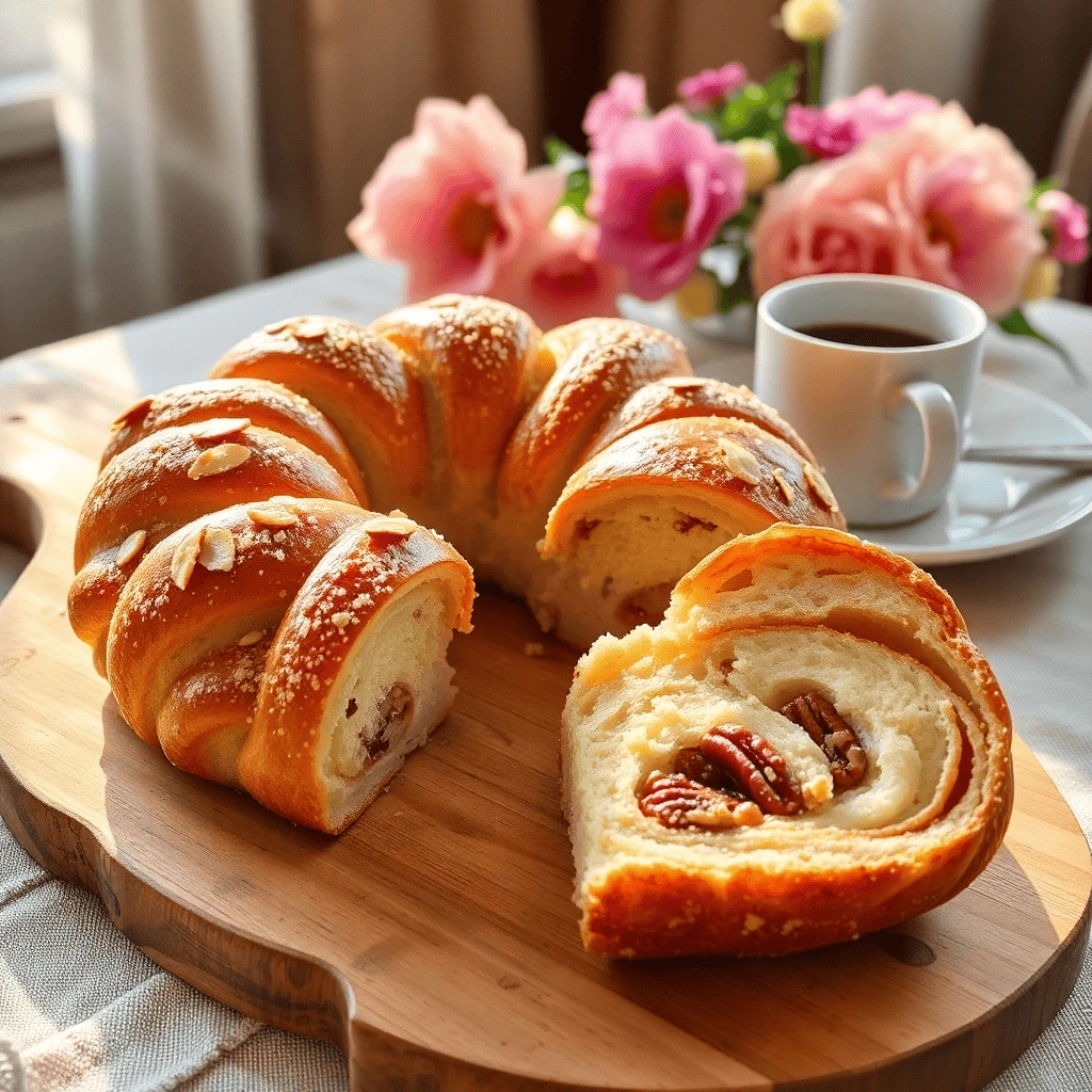 A freshly baked Danish Kringle on a wooden serving board, golden and flaky, topped with a shiny sugar glaze and sprinkled with crushed almonds.