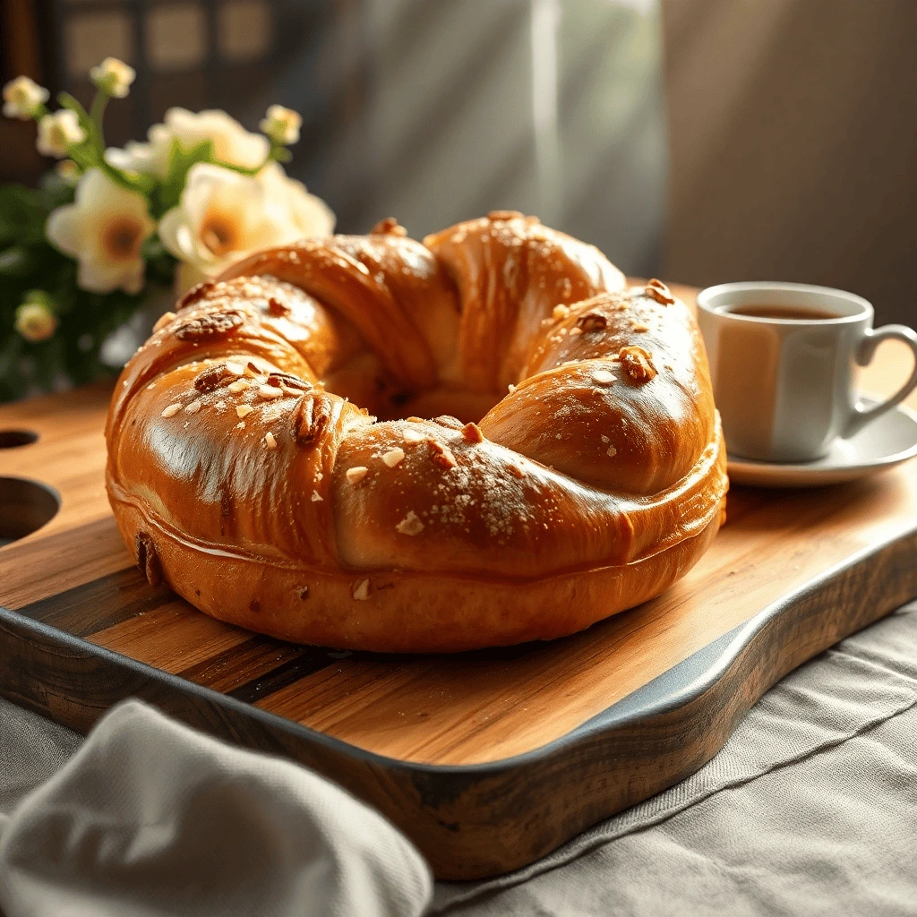 A freshly baked Danish Kringle on a wooden serving board, golden and flaky, topped with a shiny sugar glaze and sprinkled with crushed almonds.