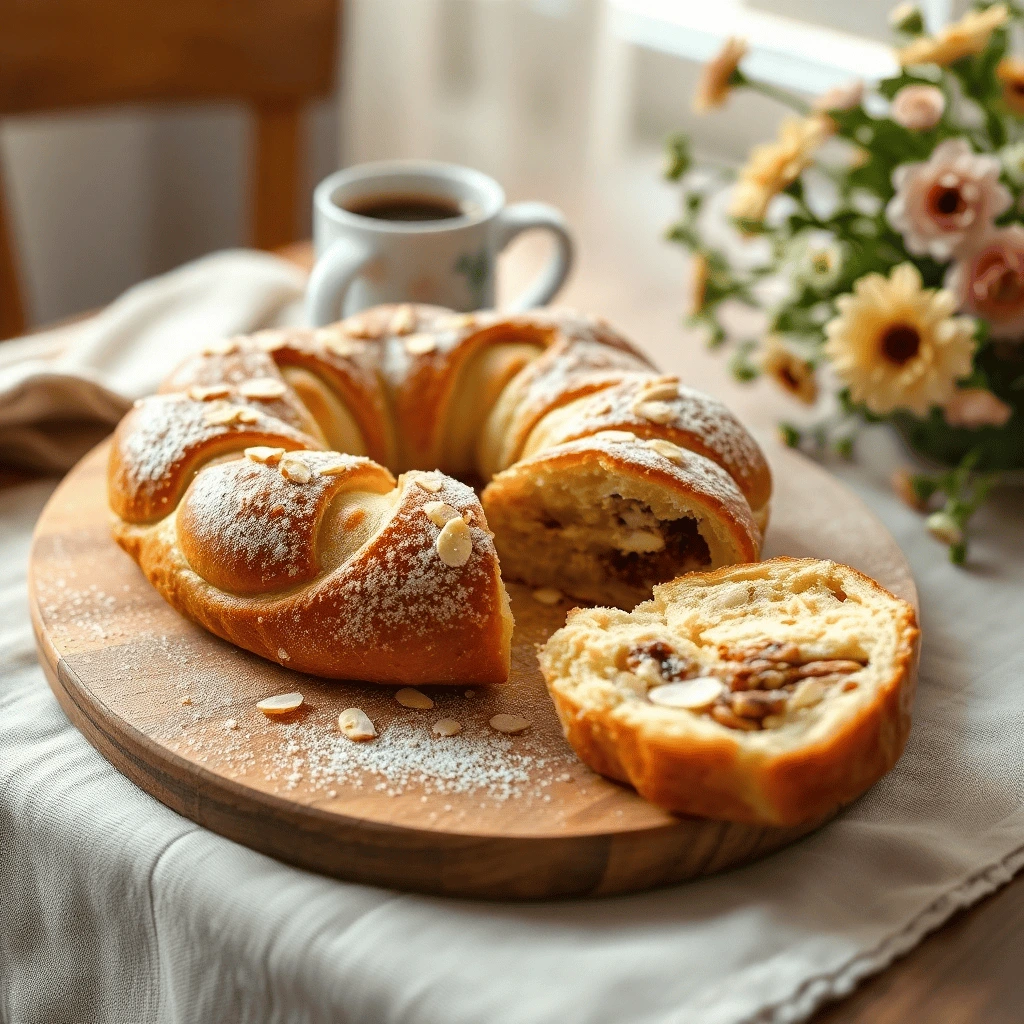 A freshly baked Danish Kringle on a wooden serving board, golden and flaky, topped with a shiny sugar glaze and sprinkled with crushed almonds.