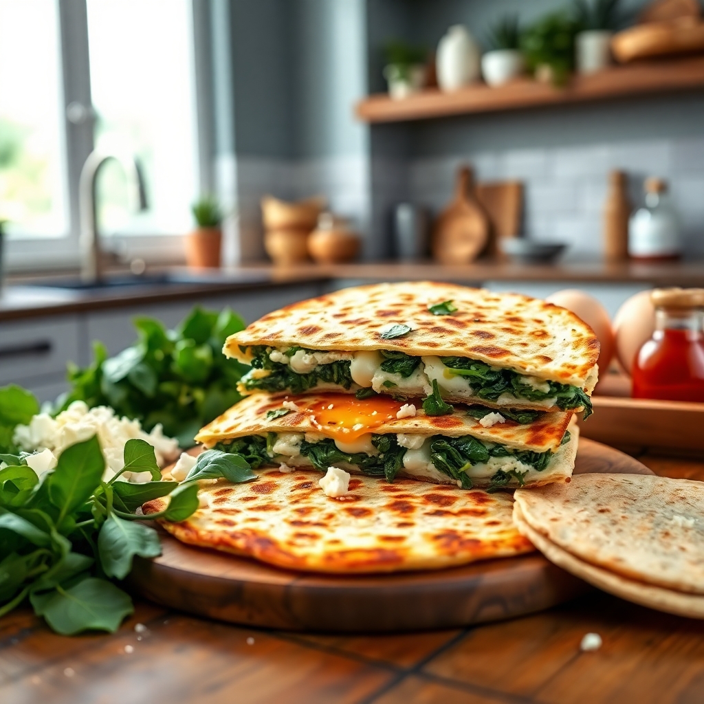 golden-brown Spinach & Feta Breakfast Quesadilla on a rustic wooden table in a bright, modern kitchen.