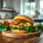 a beautifully plated Charbroiled Turkey Burger with creamy avocado slices on a rustic wooden table in a bright, modern kitchen