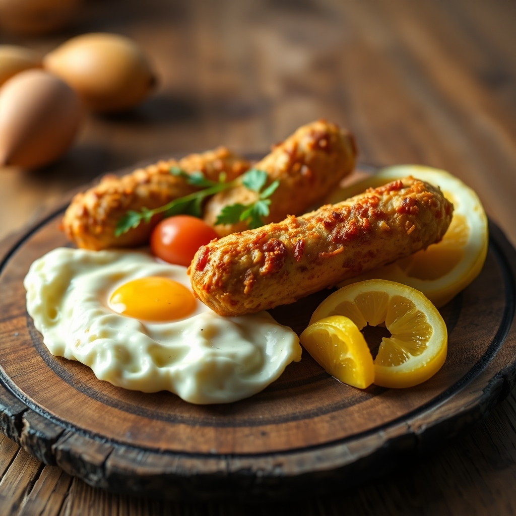 Golden brown chicken breakfast sausages garnished with fresh parsley, served on a rustic wooden plate alongside scrambled eggs and a small bowl of fresh fruit.

