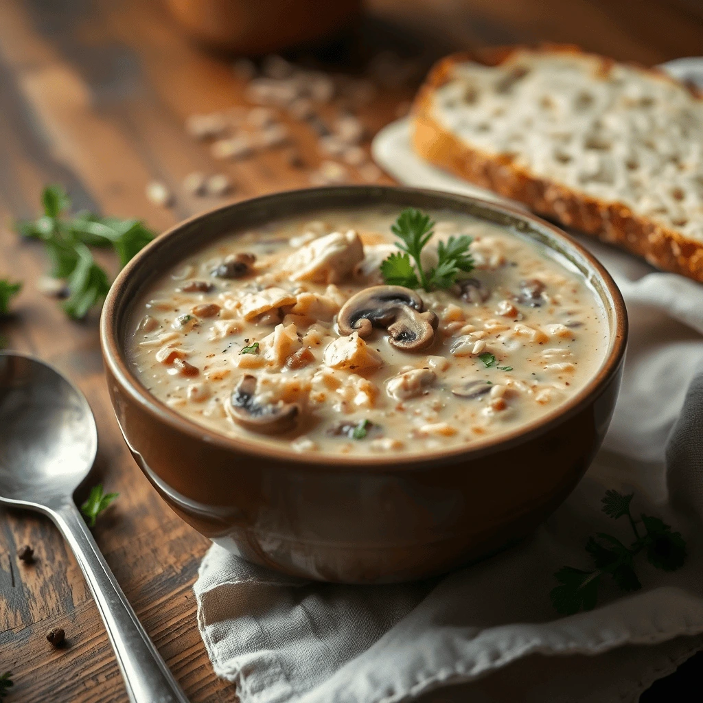 A steaming bowl of Creamy Mushroom Chicken & Wild Rice Soup, garnished with fresh parsley and served with a slice of crusty bread on a rustic wooden table.