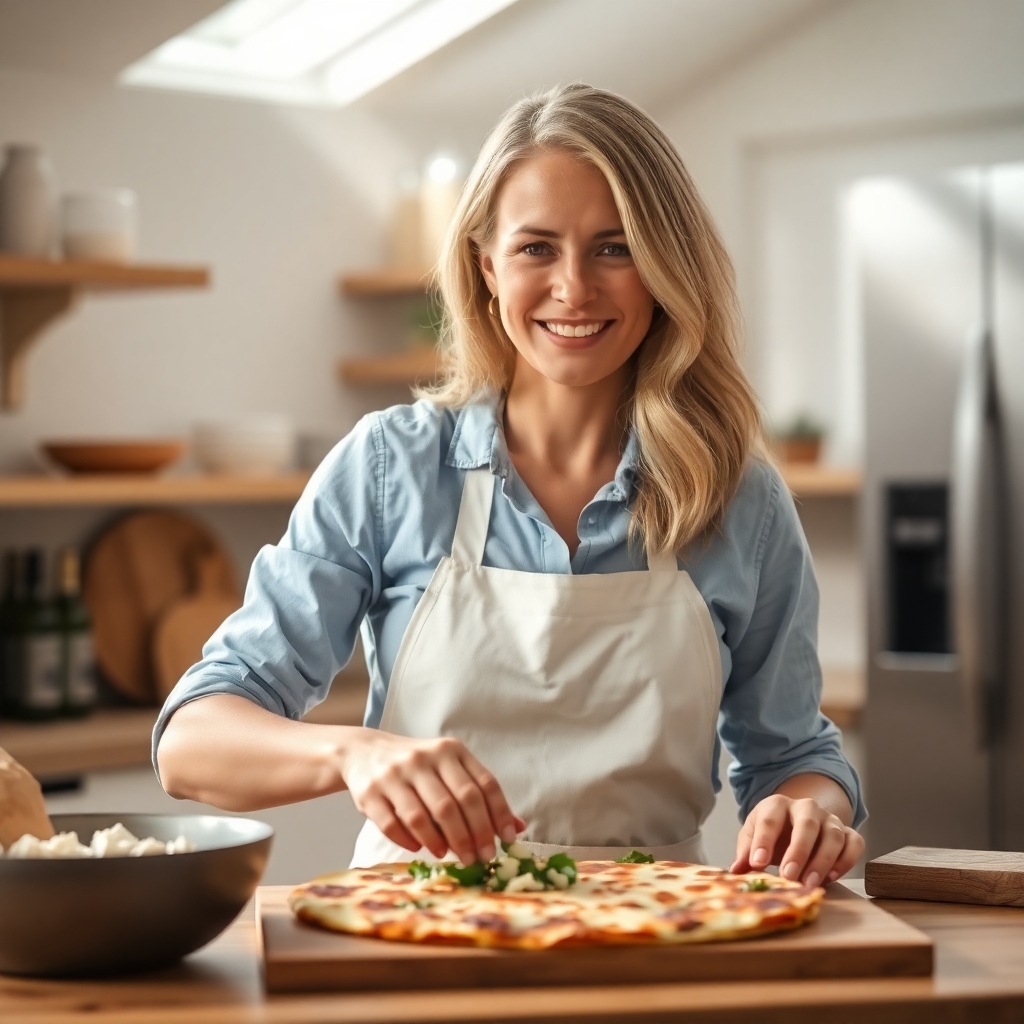 a cheerful American woman in her early 30s with blonde hair tied in a loose ponytail, preparing a golden-brown Spinach & Feta Breakfast Quesadilla in a modern kitchen.