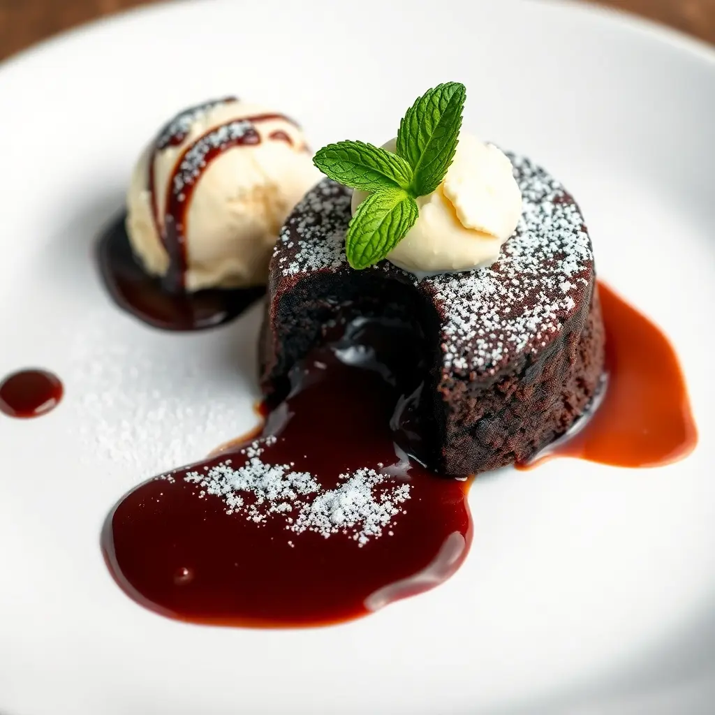 A rich Chocolate Lava Cake with a molten center spilling onto the plate, garnished with powdered sugar, fresh mint, and a scoop of vanilla ice cream.