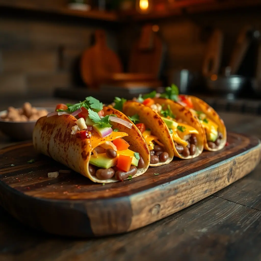 A close-up of Grilled Cheese Burrito Tacos featuring crispy taco shells filled with refried beans, diced avocado, tomato, and onion, topped with melted cheddar and Monterey Jack cheese, and lightly seasoned with chili powder, salt, and pepper.