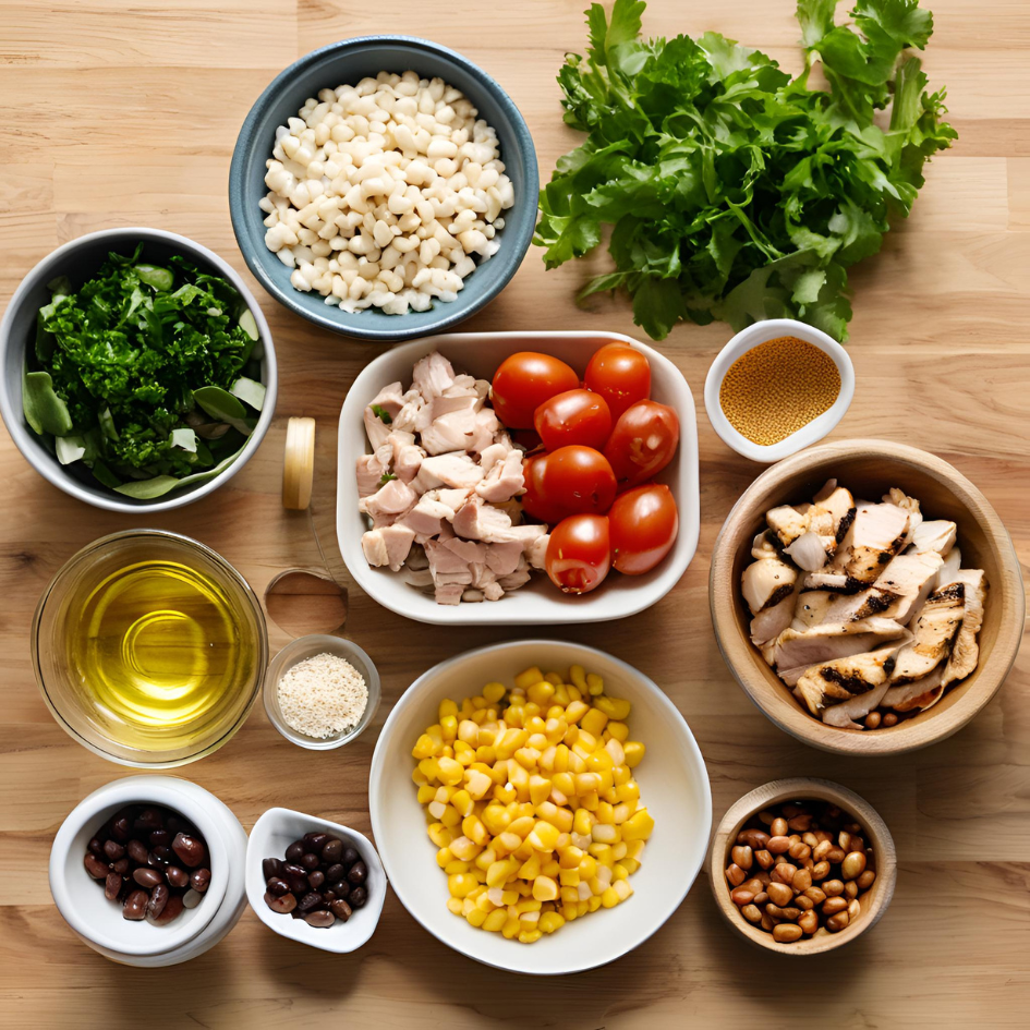 A wooden table set with ingredients for a Mediterranean Grilled Chicken Bowl, including raw chicken breasts, quinoa, fresh cucumber, cherry tomatoes, red onion, Kalamata olives, feta cheese, tzatziki sauce, lemon wedges, and a sprig of parsley, all arranged neatly for preparation.