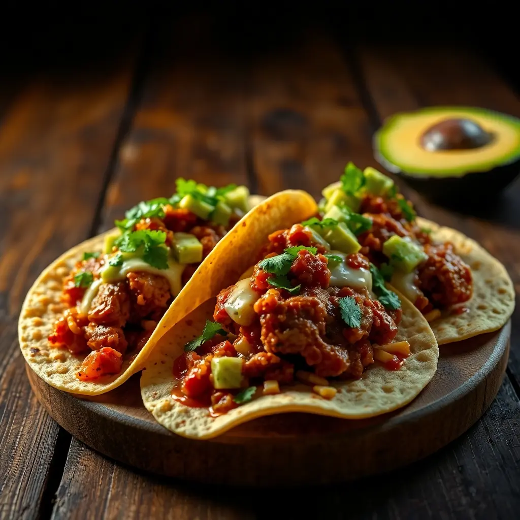 Three Chicken Tinga Tacos filled with smoky, shredded chicken, topped with creamy avocado salsa, cotija cheese, and fresh cilantro, served on a rustic wooden table with lime wedges on the side.