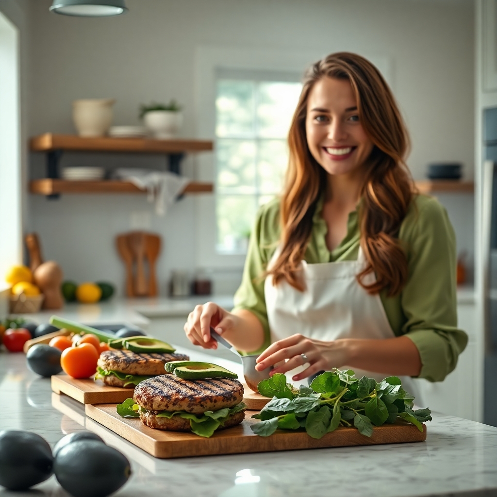 a cheerful American woman in her early 30s with long brunette hair, casually styled, preparing Charbroiled Turkey Burgers with Avocado and Spinach in a bright, modern kitchen.