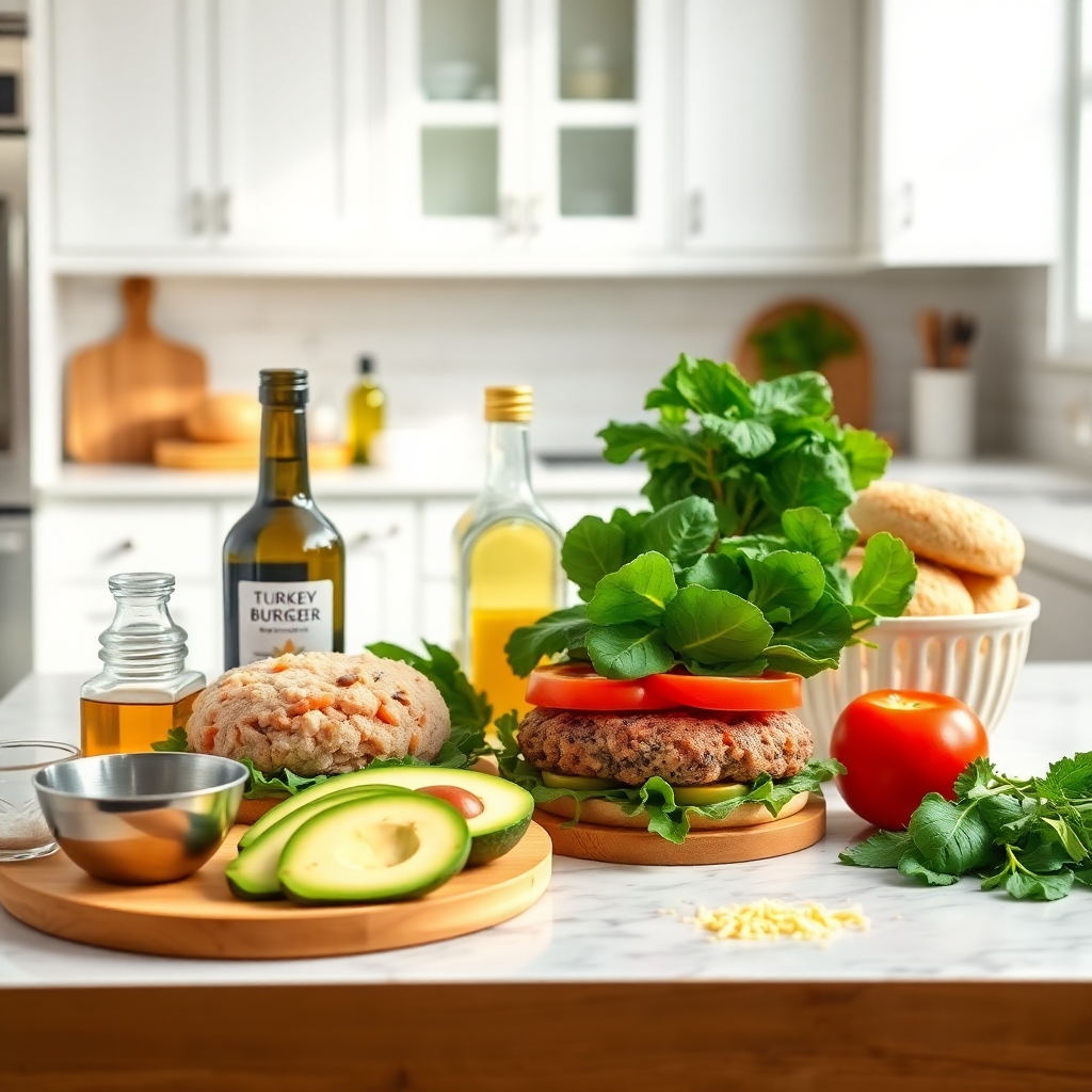 a table in a bright, modern kitchen, neatly arranged with all the fresh ingredients needed to prepare charbroiled turkey burgers.