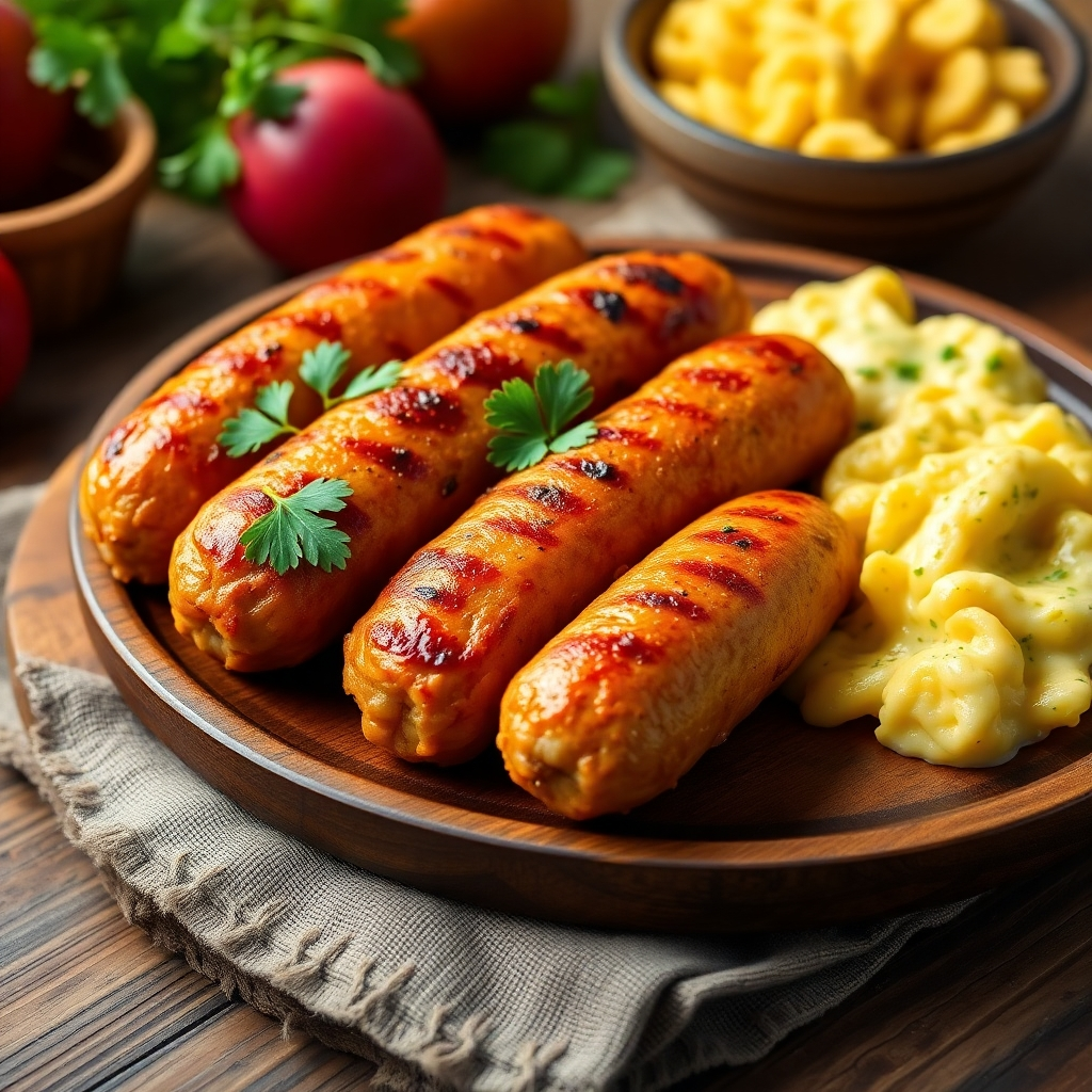 Golden brown chicken breakfast sausages garnished with fresh parsley, served on a rustic wooden plate alongside scrambled eggs and a small bowl of fresh fruit.

