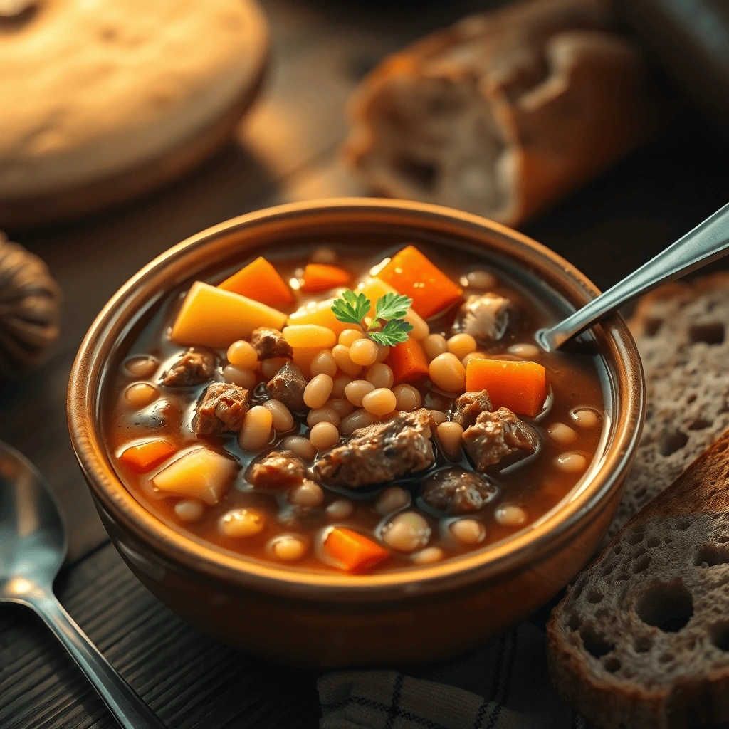 A steaming bowl of Beef and Barley Soup filled with tender beef, pearl barley, and colorful vegetables, garnished with fresh parsley, served with crusty bread on a rustic table.