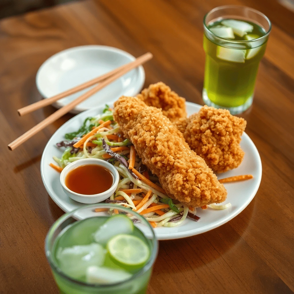 A plate of Crispy Chicken Katsu sliced into strips, served with vibrant cabbage slaw, drizzled with tonkatsu sauce, and garnished with sesame seeds.