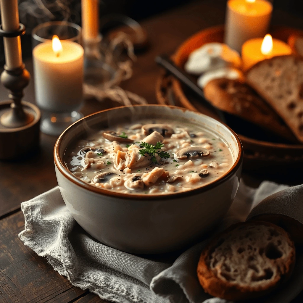 A steaming bowl of Creamy Mushroom Chicken & Wild Rice Soup, garnished with fresh parsley and served with a slice of crusty bread on a rustic wooden table.