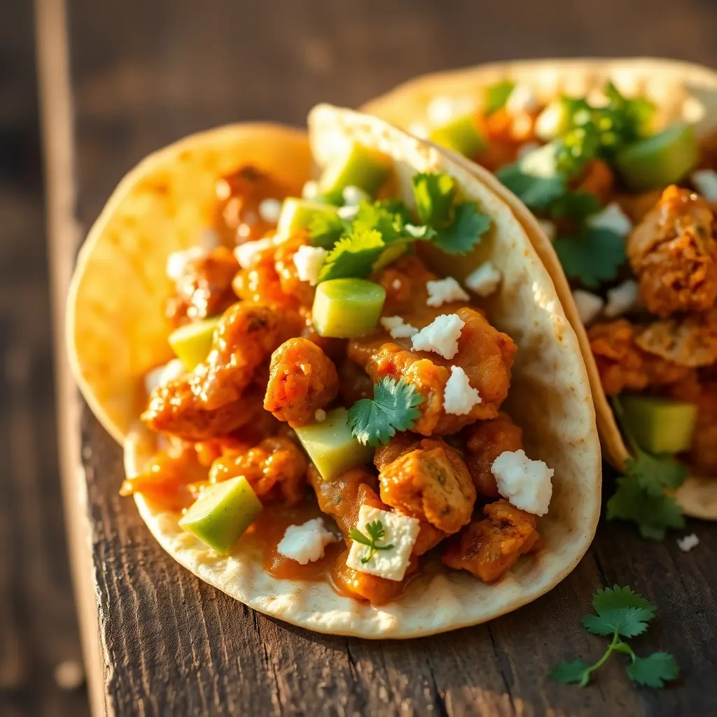 Three Chicken Tinga Tacos filled with smoky, shredded chicken, topped with creamy avocado salsa, cotija cheese, and fresh cilantro, served on a rustic wooden table with lime wedges on the side.