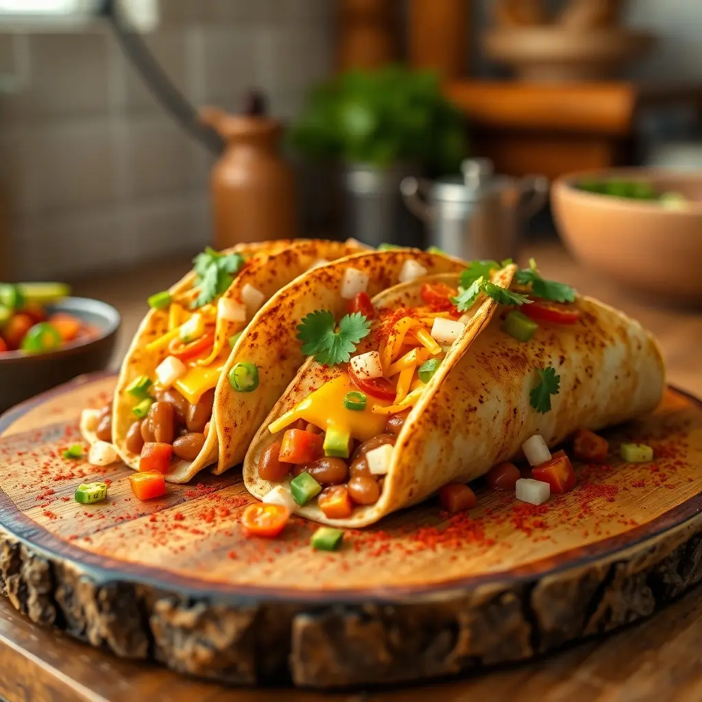 A close-up of Grilled Cheese Burrito Tacos featuring crispy taco shells filled with refried beans, diced avocado, tomato, and onion, topped with melted cheddar and Monterey Jack cheese, and lightly seasoned with chili powder, salt, and pepper.