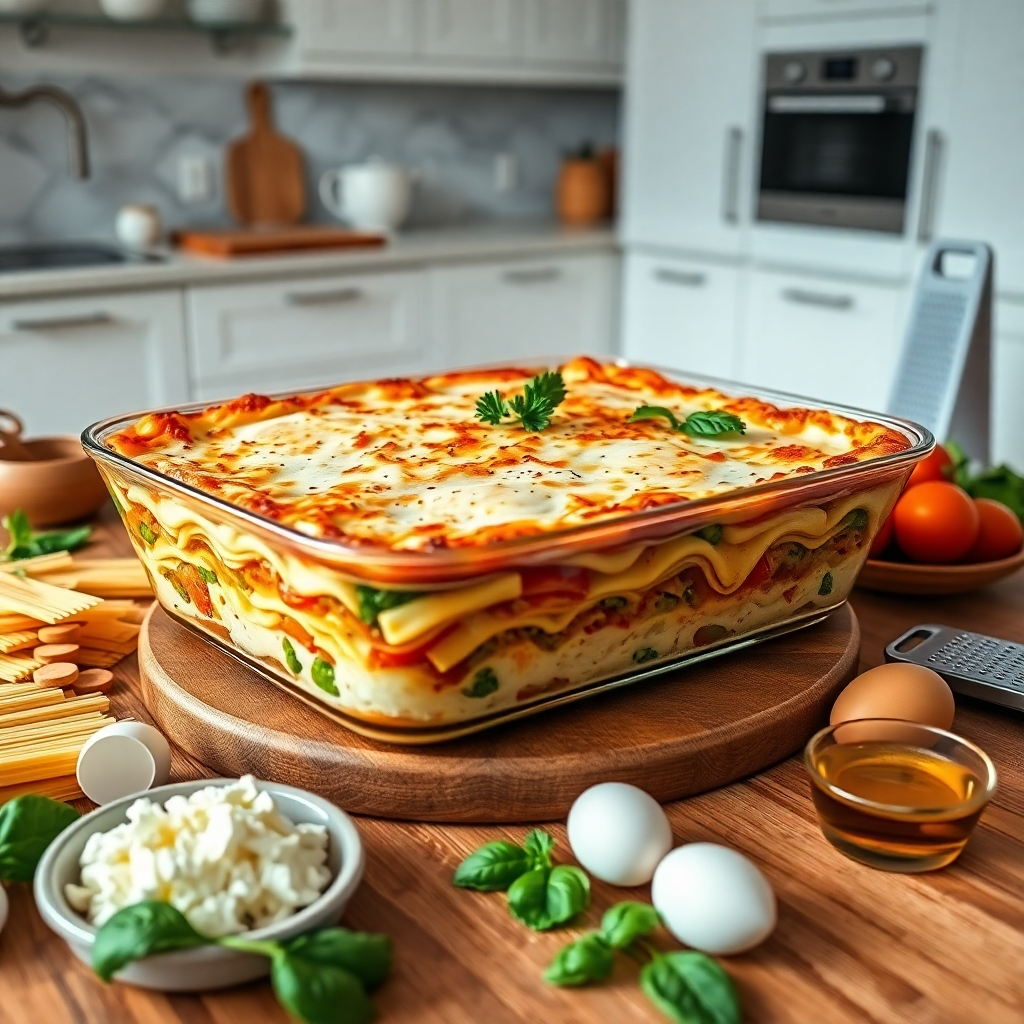 a freshly baked Lasagna Breakfast Casserole on a wooden table in a bright, modern kitchen