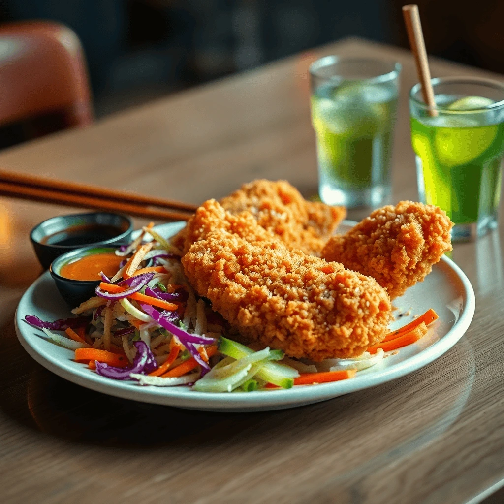 A plate of Crispy Chicken Katsu sliced into strips, served with vibrant cabbage slaw, drizzled with tonkatsu sauce, and garnished with sesame seeds.