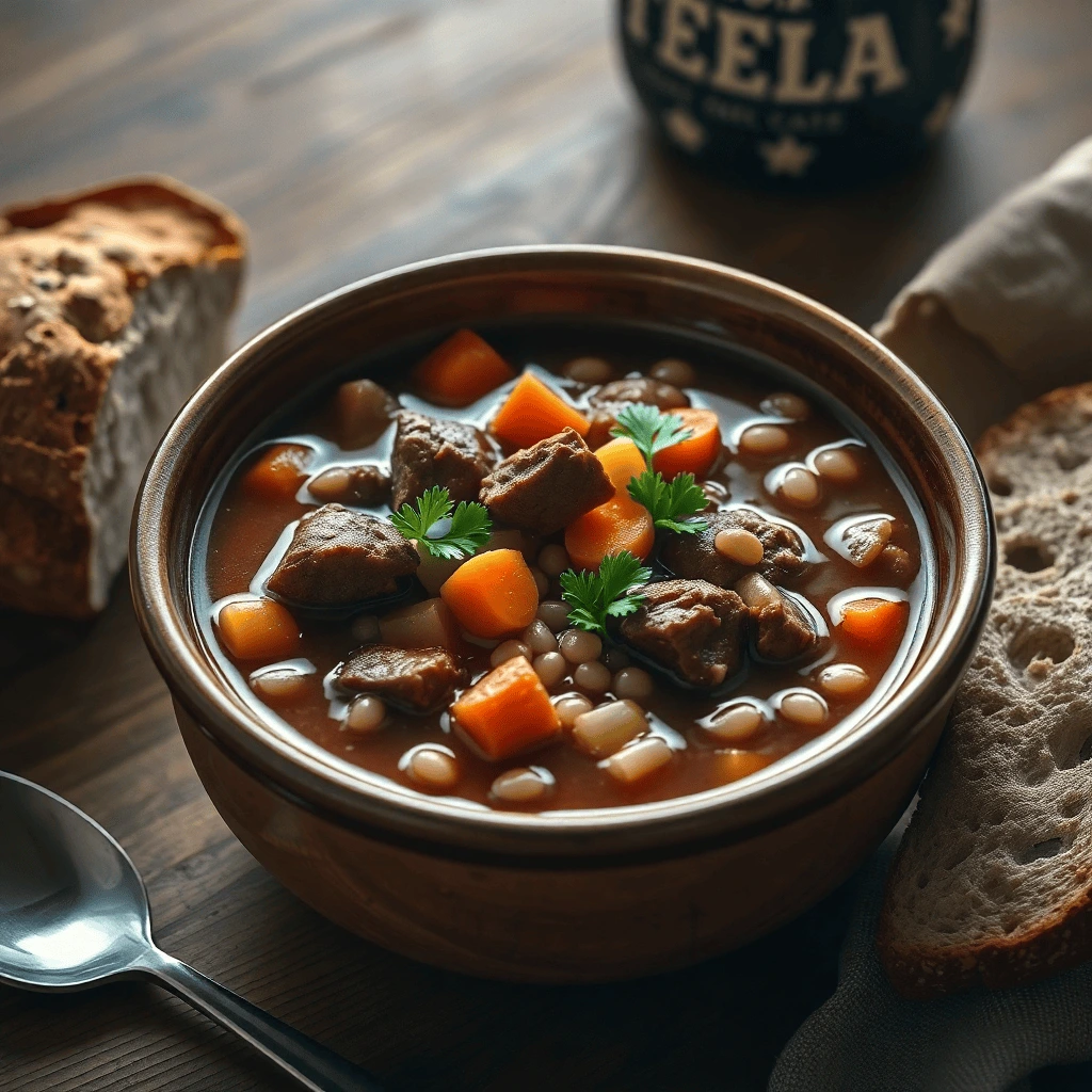 A steaming bowl of Beef and Barley Soup filled with tender beef, pearl barley, and colorful vegetables, garnished with fresh parsley, served with crusty bread on a rustic table.