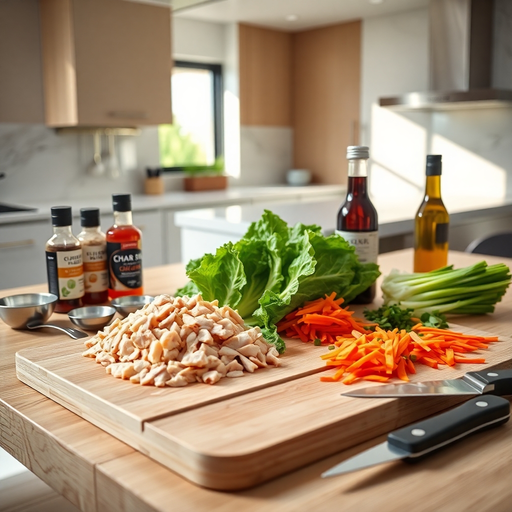 modern kitchen table arranged with fresh ingredients for Char Siu Chicken Lettuce Wraps. 