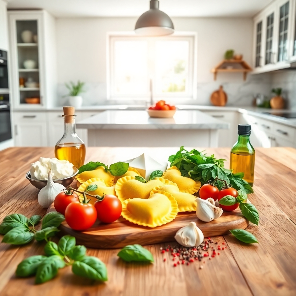 image of a wooden table in a modern kitchen, neatly arranged with all the fresh ingredients needed to prepare heart-shaped ravioli