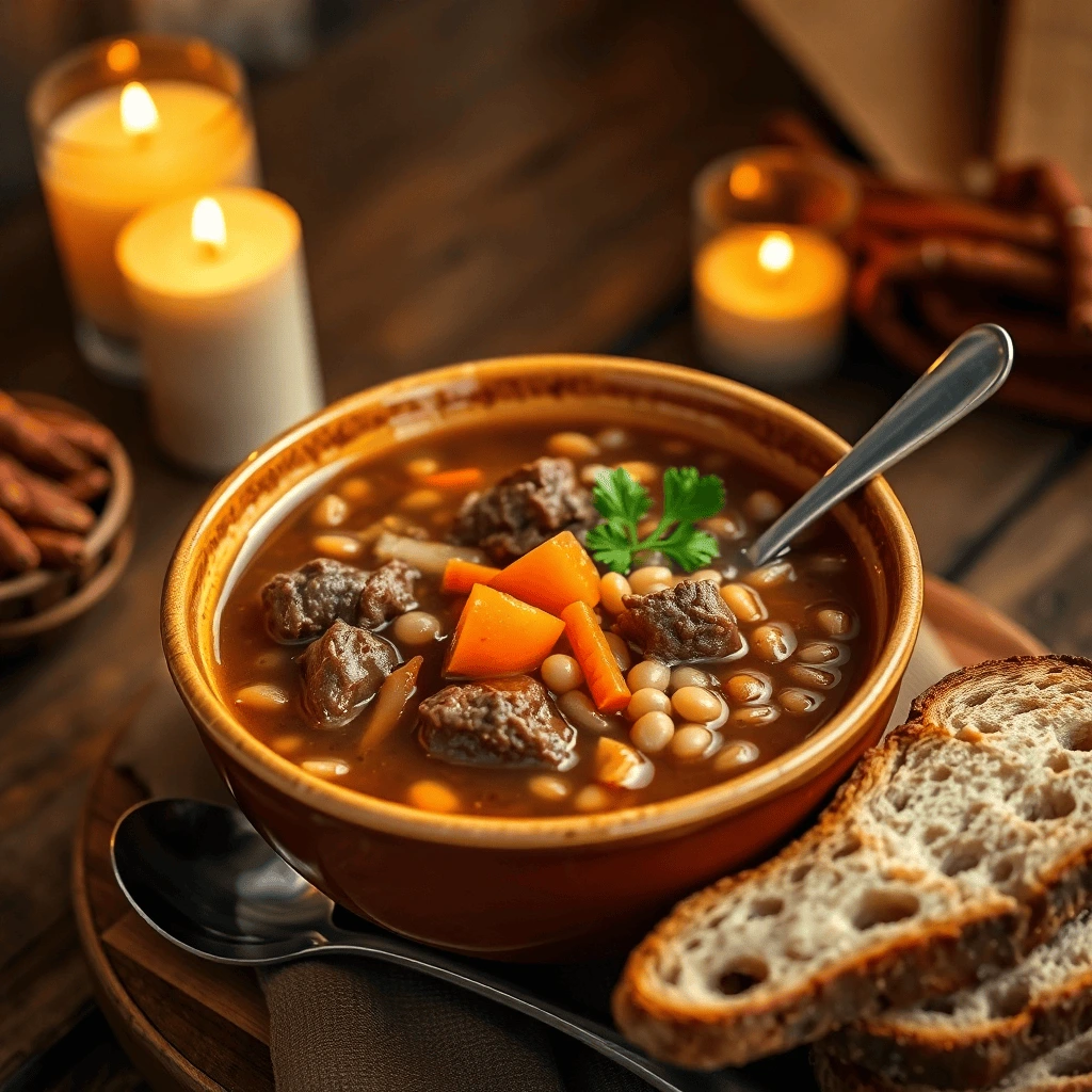 A steaming bowl of Beef and Barley Soup filled with tender beef, pearl barley, and colorful vegetables, garnished with fresh parsley, served with crusty bread on a rustic table.