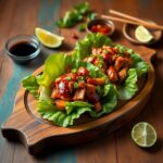 Char Siu Chicken Lettuce Wraps displayed on a rustic wooden platter.