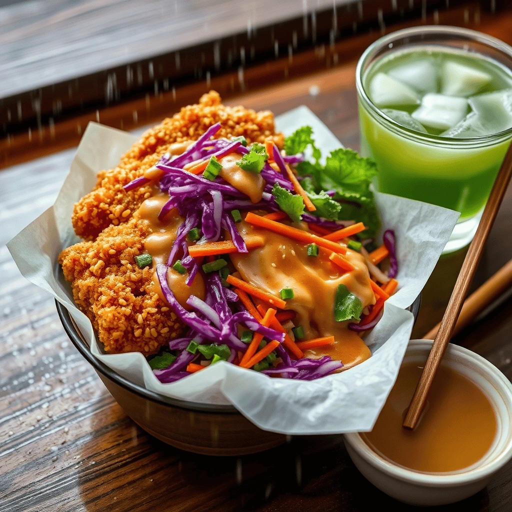 A plate of Crispy Chicken Katsu sliced into strips, served with vibrant cabbage slaw, drizzled with tonkatsu sauce, and garnished with sesame seeds.