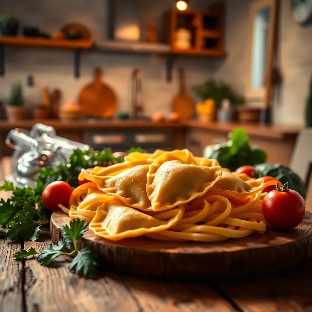 image of freshly made heart-shaped ravioli arranged beautifully on a rustic wooden table in a bright, modern kitchen.