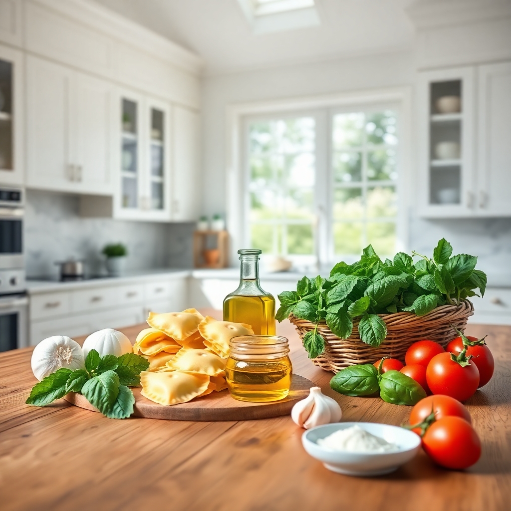  image of a wooden table in a modern kitchen, neatly arranged with all the fresh ingredients needed to prepare heart-shaped ravioli with a rich tomato and spinach filling. 