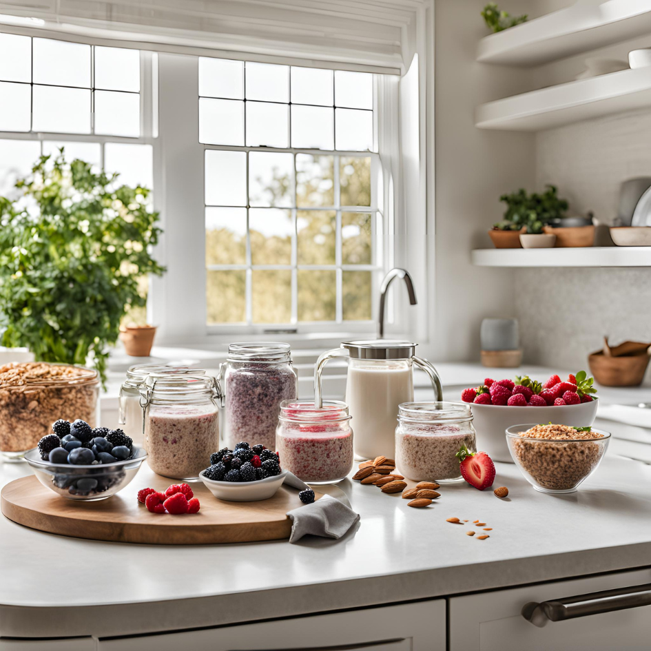 A modern kitchen table neatly arranged with ingredients for Berry Almond Overnight Oats, including a jar of rolled oats, a bowl of fresh berries (strawberries, blueberries, raspberries), sliced almonds, a small honey jar with a dipper, a jug of almond milk, and a sprig of mint, all set against a sleek countertop background.