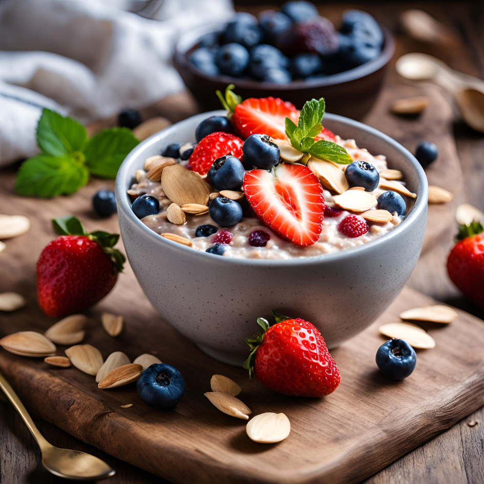 "Bowl of creamy overnight oats topped with a colorful mix of fresh berries—strawberries, blueberries, and raspberries—garnished with sliced almonds, a drizzle of honey, and a sprig of fresh mint, placed on a rustic wooden table with a spoon nearby."