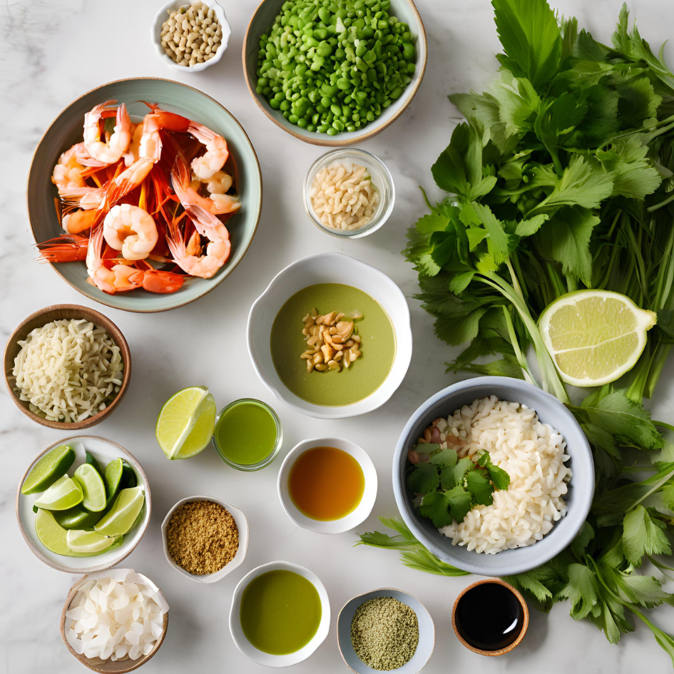 "Ingredients for Shrimp Thai Green Curry laid out on a countertop, including raw shrimp, coconut milk, Thai green curry paste, bell peppers, zucchini, lime, fresh basil, garlic, and ginger, arranged neatly for preparation."