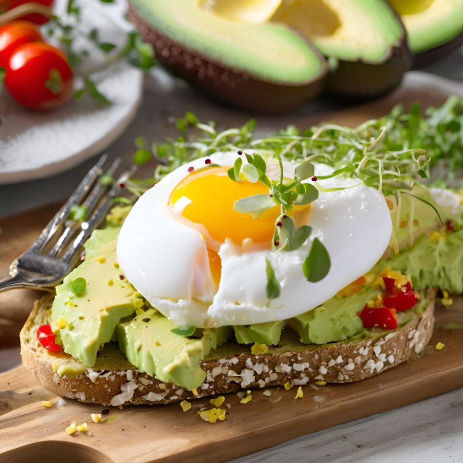 A beautifully plated avocado toast with a perfectly poached egg on top. The toast is made with golden-brown whole-grain bread, spread with creamy mashed avocado, and garnished with red pepper flakes, microgreens, and a sprinkle of salt and pepper. The vibrant dish is set on a rustic wooden table