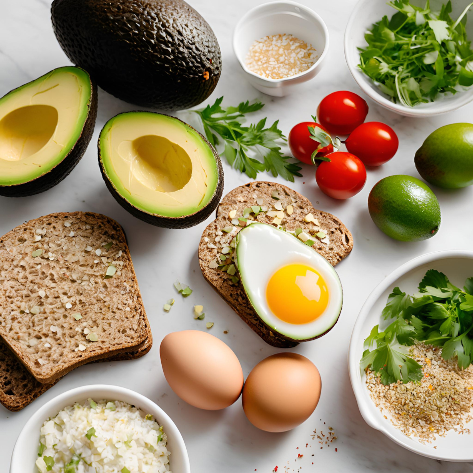 A modern kitchen table displaying ingredients for avocado toast with a poached egg. The setup includes a ripe avocado, a large egg, two slices of whole-grain bread, small bowls of salt, pepper, and red pepper flakes, fresh herbs like parsley, and a wedge of lemon. The scene is lit with soft natural light.