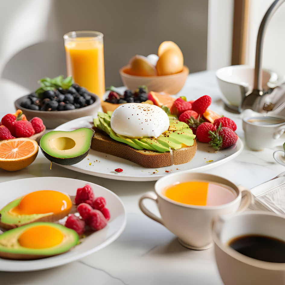 A modern kitchen table displaying ingredients for avocado toast with a poached egg. The setup includes a ripe avocado, a large egg, two slices of whole-grain bread, small bowls of salt, pepper, and red pepper flakes, fresh herbs like parsley, and a wedge of lemon. The scene is lit with soft natural light.