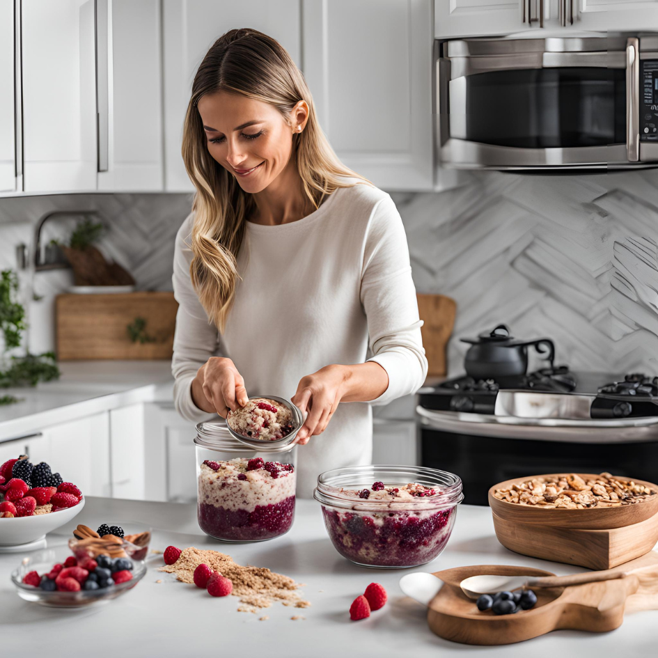 An American woman in a modern kitchen preparing Berry Almond Overnight Oats, scooping oats into a glass jar with bowls of fresh berries, almond slices, and a jug of almond milk on the countertop, sunlight streaming in through a nearby window.