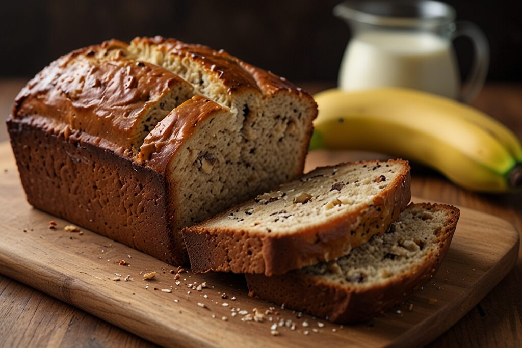 A freshly baked banana loaf bread recipe with a golden brown crust, moist interior, surrounded by ripe bananas and a bowl of walnuts on a rustic wooden table, highlighted by natural light.

