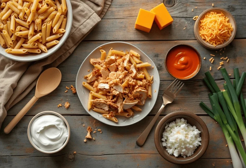 An assortment of ingredients for Buffalo Chicken Pasta Bake arranged on a wooden kitchen counter, including uncooked pasta, shredded chicken, Buffalo sauce, cream cheese, shredded cheddar cheese, ranch dressing, and chopped green onions.