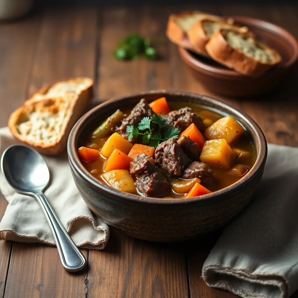 A rustic bowl of Delicious Classic Beef Stew with tender beef, carrots, potatoes, and celery in a thick, savory broth, garnished with fresh parsley.