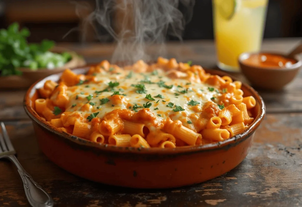 A cheesy Buffalo Chicken Pasta Bake served in a casserole dish, topped with melted cheese, chopped green onions, and a drizzle of Buffalo sauce.