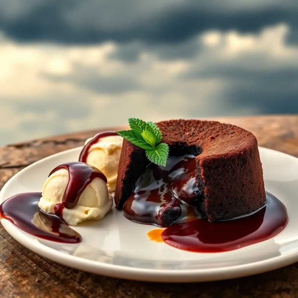 A rich Chocolate Lava Cake with a molten center spilling onto the plate, garnished with powdered sugar, fresh mint, and a scoop of vanilla ice cream.