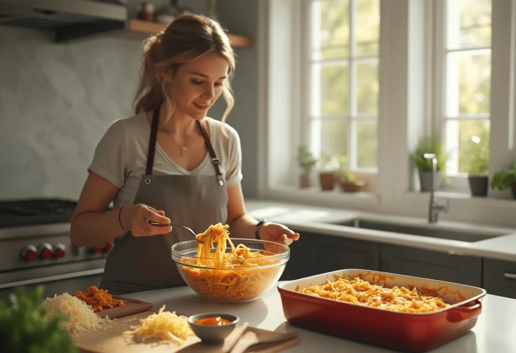 A woman in a modern kitchen preparing Buffalo Chicken Pasta Bake, mixing shredded chicken with Buffalo sauce and cream cheese in a bowl, with uncooked pasta, shredded cheese, and other ingredients on the countertop.