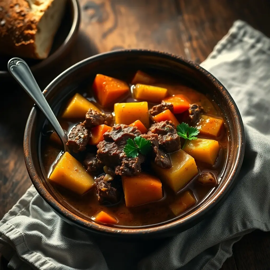 A rustic bowl of Delicious Classic Beef Stew with tender beef, carrots, potatoes, and celery in a thick, savory broth, garnished with fresh parsley.