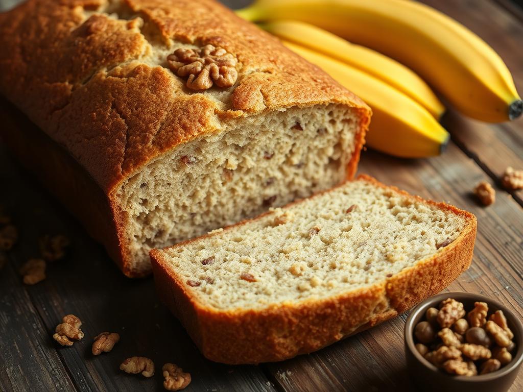 A freshly baked banana loaf bread recipe with a golden brown crust, moist interior, surrounded by ripe bananas and a bowl of walnuts on a rustic wooden table, highlighted by natural light.